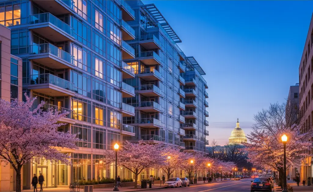 Luxury & modern condo building streetscape with the U.S. Capitol dome in the background, Washington D.C.