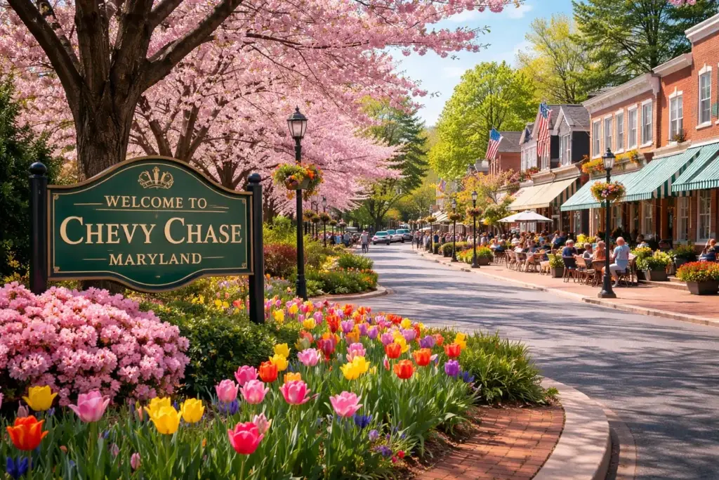Chevy Chase Maryland welcome sign and streetscape with mature trees and classic suburban character