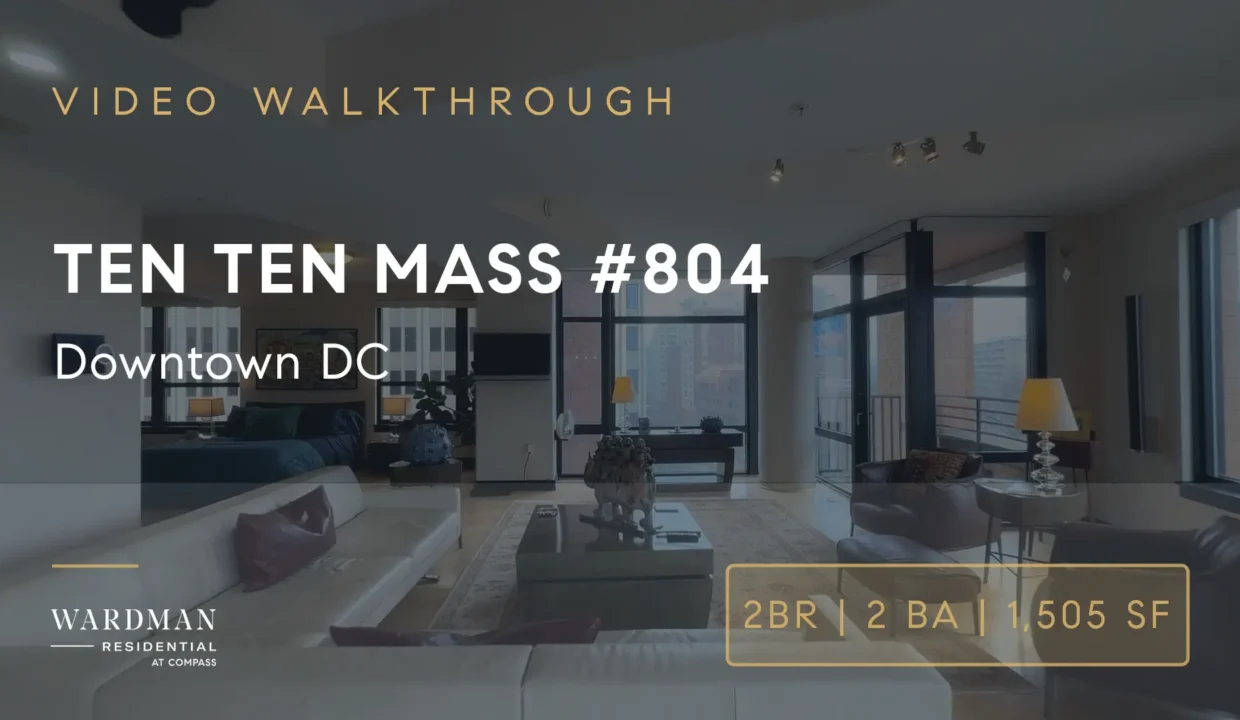 Living room of Ten Ten Mass #804, a 2BR/2BA corner condo at 1010 Massachusetts Ave NW in Downtown DC, with floor-to-ceiling windows.