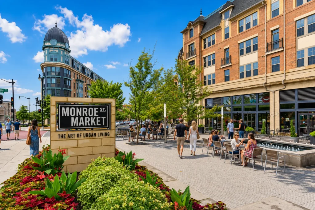 Monroe Street Market in the Brookland neighborhood of Washington, DC, a mixed-use development with outdoor cafe seating, shops, and a landmark domed building
