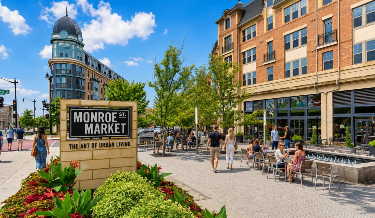 Monroe Street Market in the Brookland neighborhood of Washington, DC, a mixed-use development with outdoor cafe seating, shops, and a landmark domed building