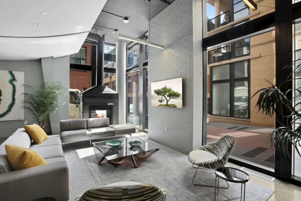 The Flats at Union Row — Resident Lounge with Fireplace