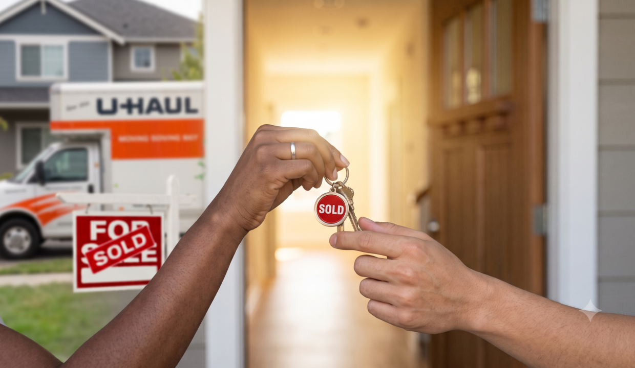 Two hands—one of a Black woman with a wedding ring and one multi-ethnic—handing over a set of house keys with a bright red 'SOLD' tag. The background shows a clear 'SOLD' sign in the yard, a moving truck, and the open door of a modern house.