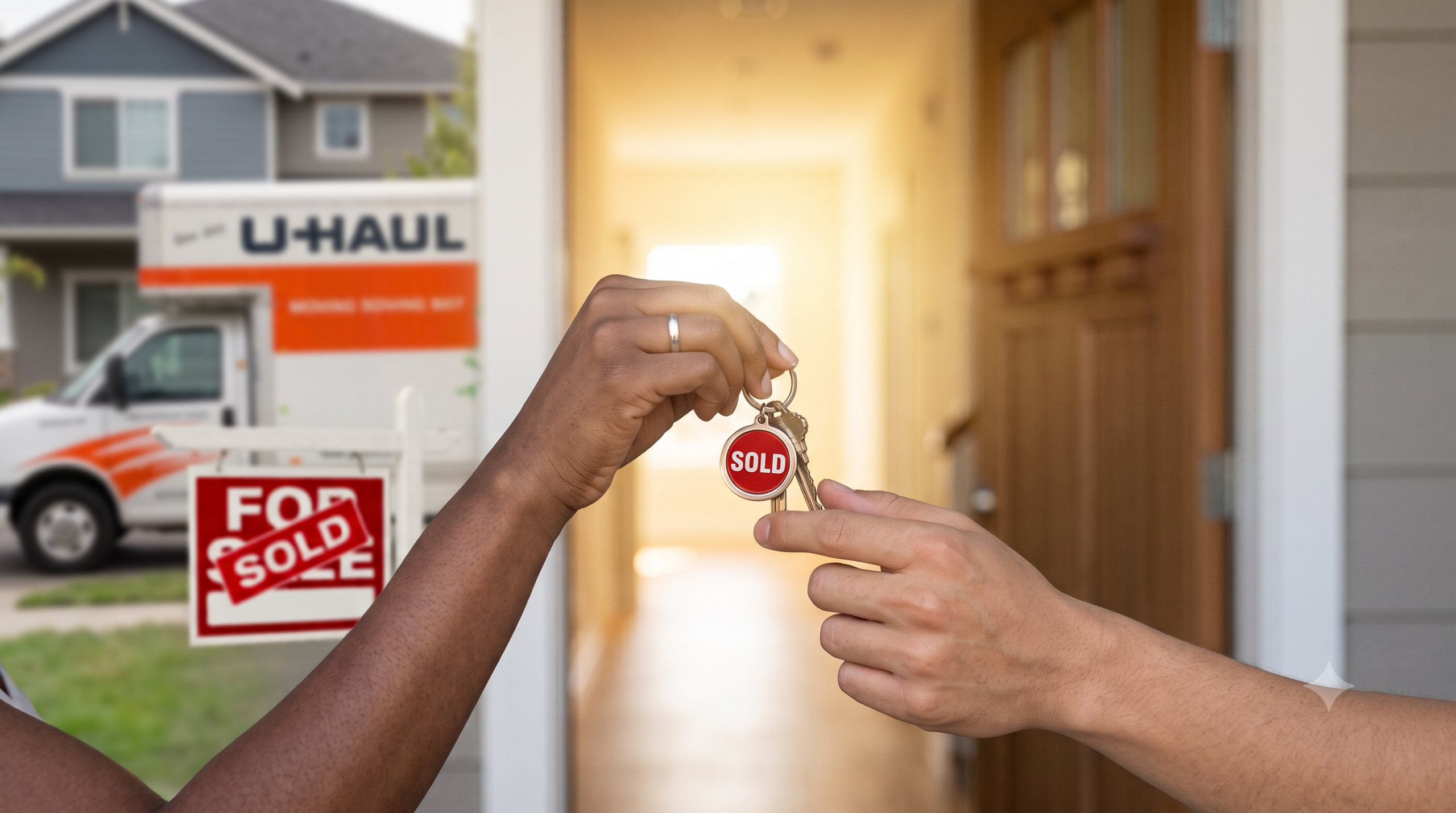 Two hands—one of a Black woman with a wedding ring and one multi-ethnic—handing over a set of house keys with a bright red 'SOLD' tag. The background shows a clear 'SOLD' sign in the yard, a moving truck, and the open door of a modern house.
