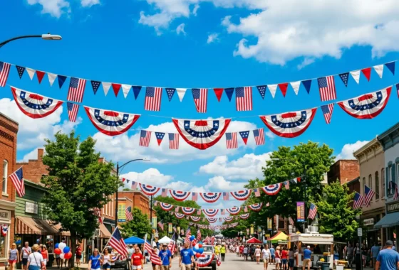 A charming historic American main street decorated for a local 4th of July festival, featuring red, white, and blue patriotic bunting banners strung across the road, American flags hanging from brick storefronts, and a crowd of people celebrating under a bright blue sky.