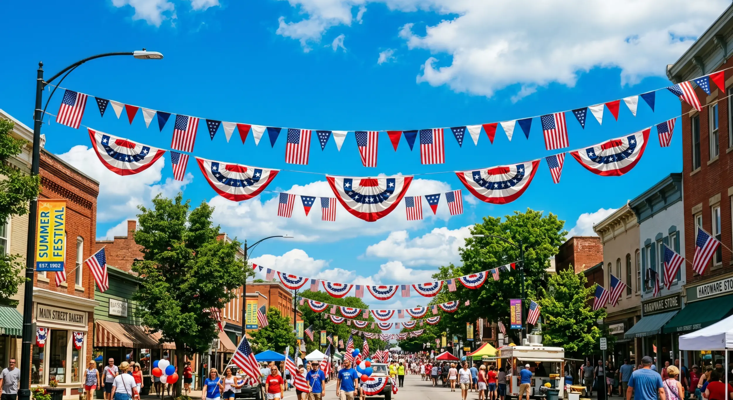 A charming historic American main street decorated for a local 4th of July festival, featuring red, white, and blue patriotic bunting banners strung across the road, American flags hanging from brick storefronts, and a crowd of people celebrating under a bright blue sky.