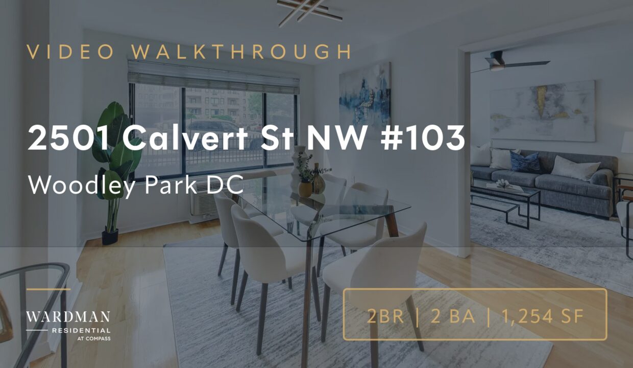 Video walkthrough thumbnail for 2501 Calvert St NW #103, a two-bedroom condo at Shoreham North in Woodley Park, Washington DC, showing the living room