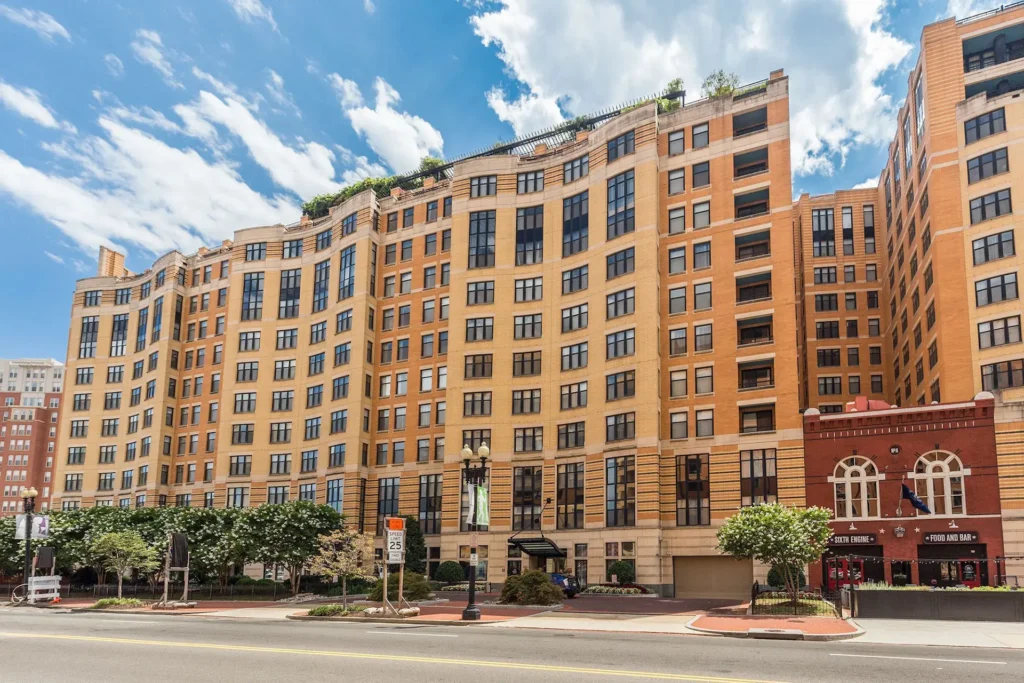 Brick and limestone exterior of the 400 Mass condominium at 400 Massachusetts Ave NW in Downtown Washington DC