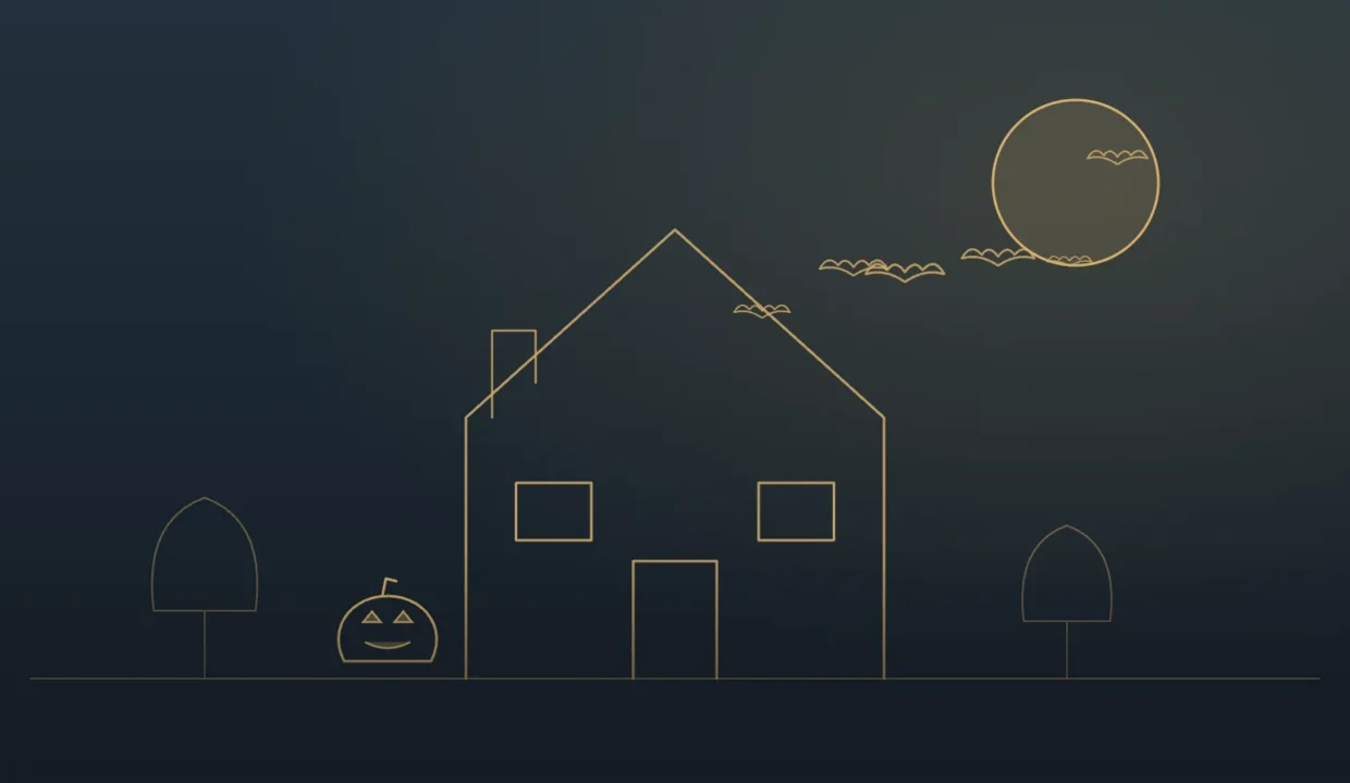 Gold line illustration of a house with a full moon, bats and a jack-o'-lantern