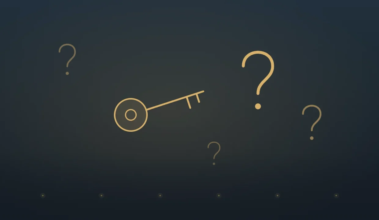 Gold line illustration of a house key and question marks