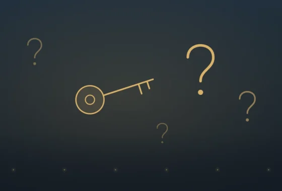 Gold line illustration of a house key and question marks