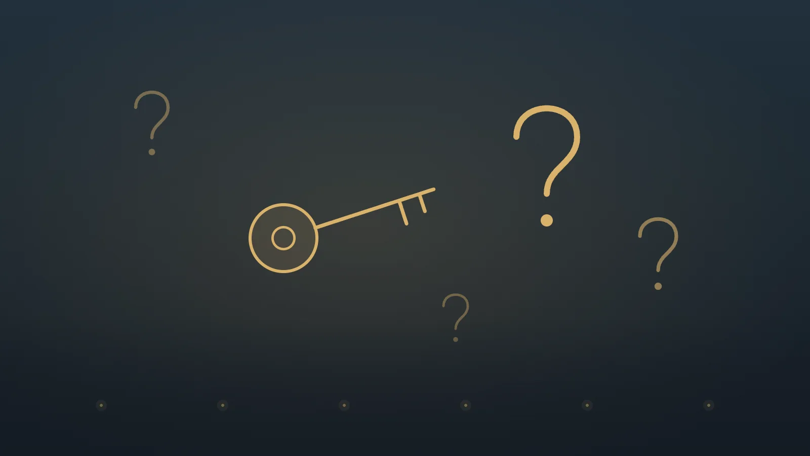 Gold line illustration of a house key and question marks