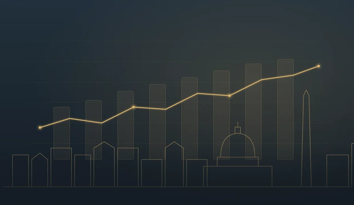 Gold line chart rising over a Washington, DC skyline illustration