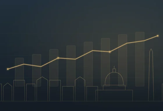 Gold line chart rising over a Washington, DC skyline illustration