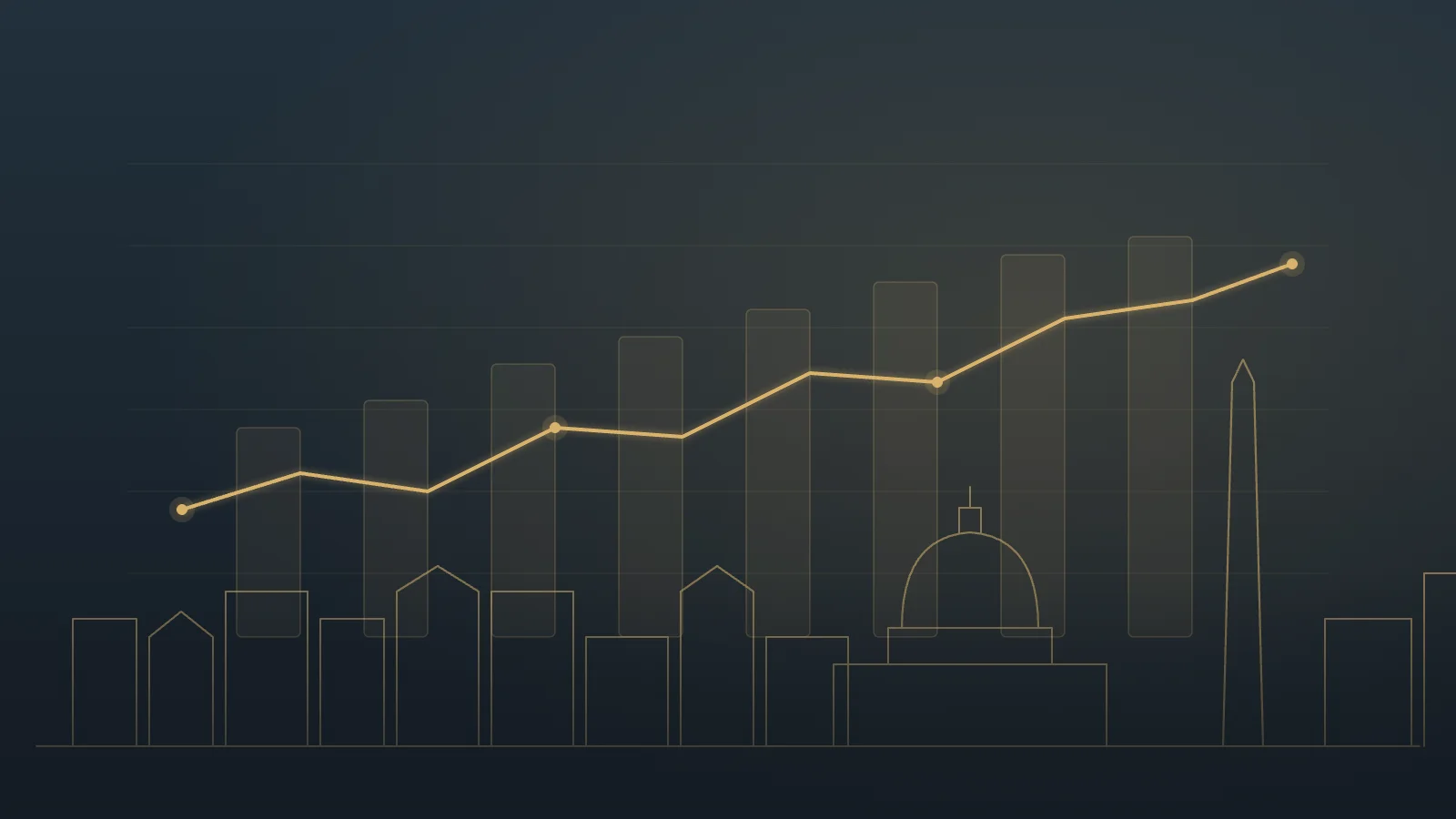 Gold line chart rising over a Washington, DC skyline illustration