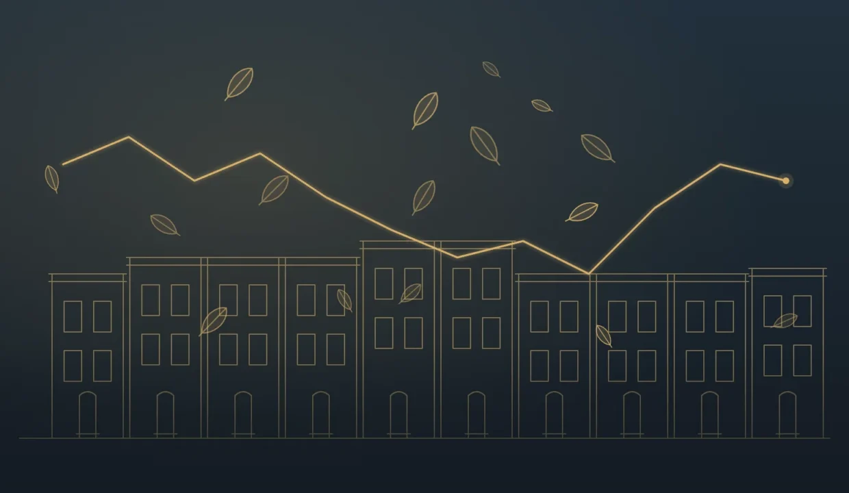 Gold line illustration of DC rowhouses with autumn leaves and a mortgage rate line