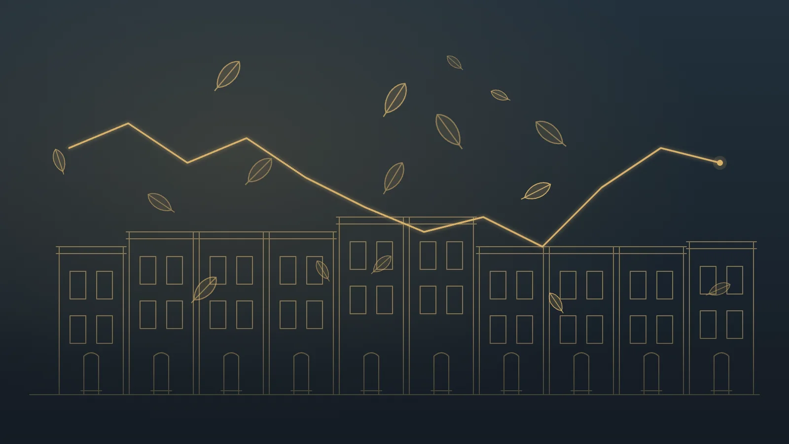 Gold line illustration of DC rowhouses with autumn leaves and a mortgage rate line