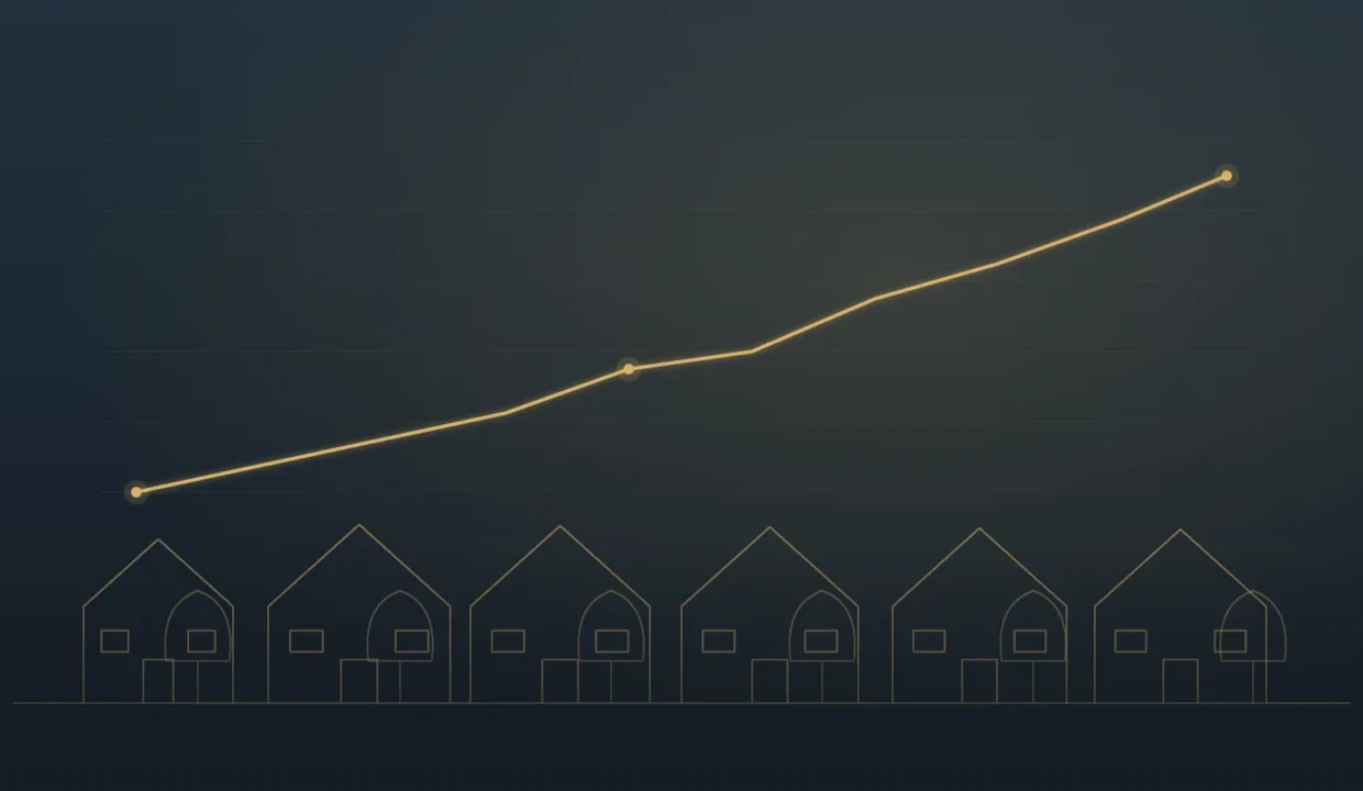 Gold line chart rising over suburban Northern Virginia homes