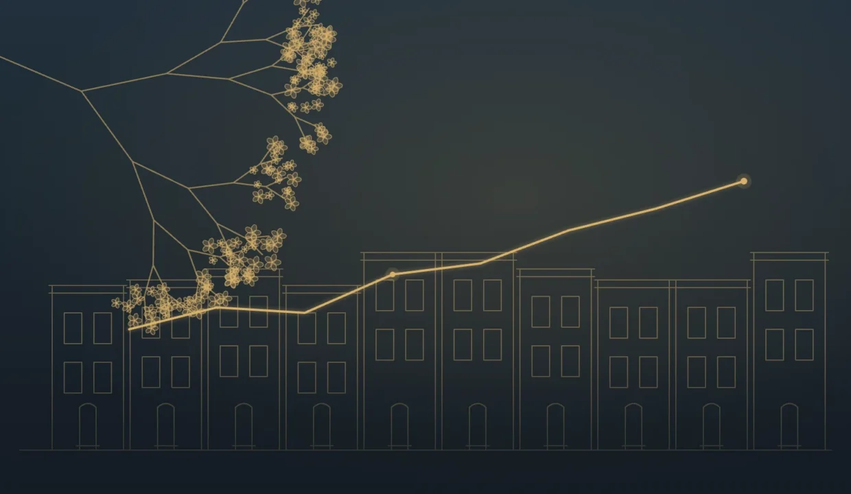Gold line chart rising beside a blossoming branch over DC rowhouses
