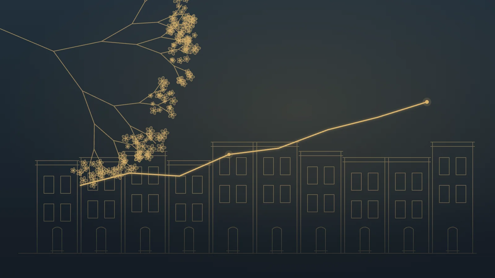 Gold line chart rising beside a blossoming branch over DC rowhouses