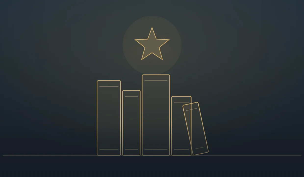 Gold line illustration of stacked books beneath a glowing star