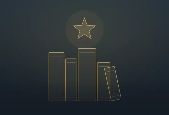 Gold line illustration of stacked books beneath a glowing star