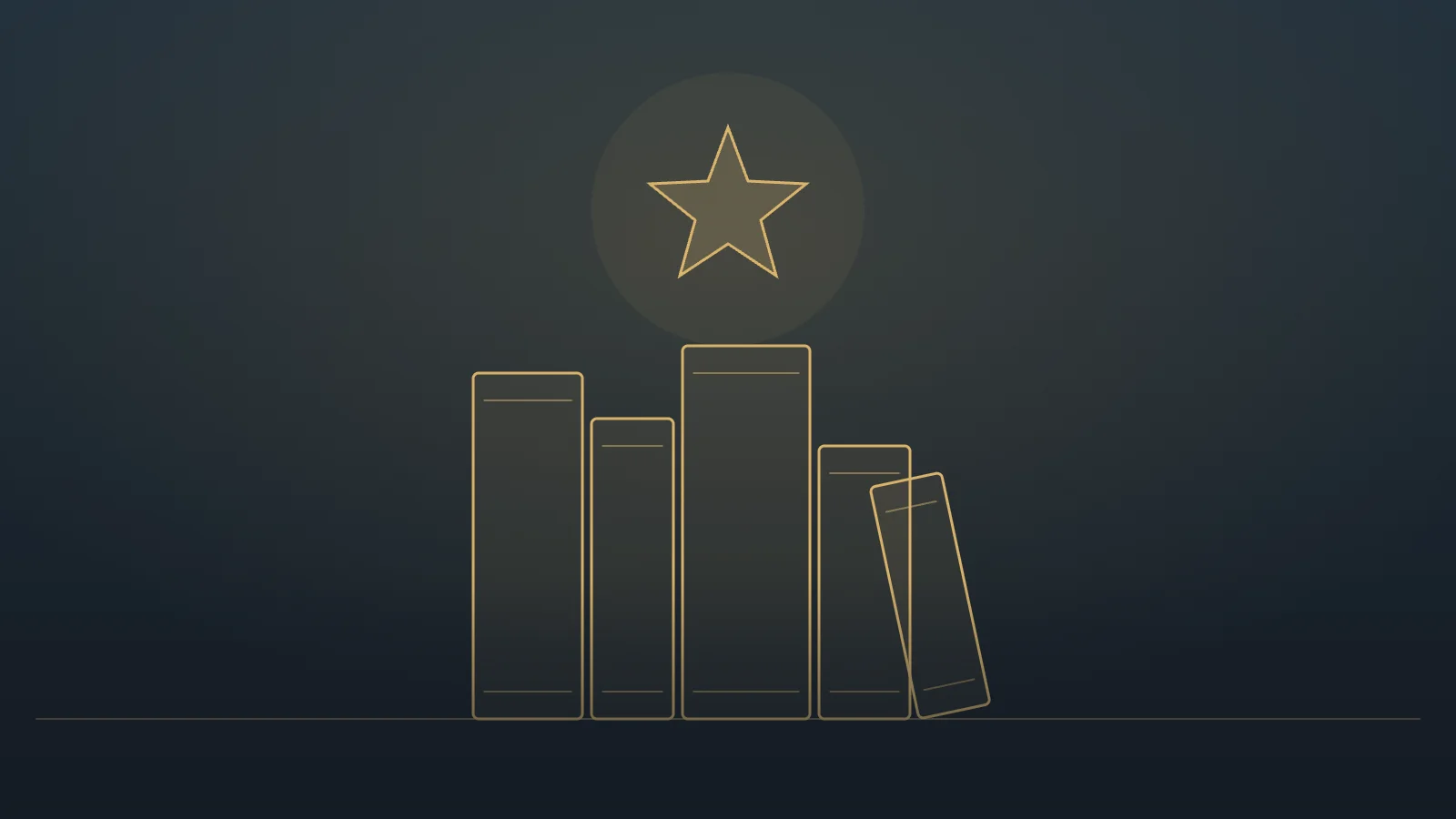 Gold line illustration of stacked books beneath a glowing star