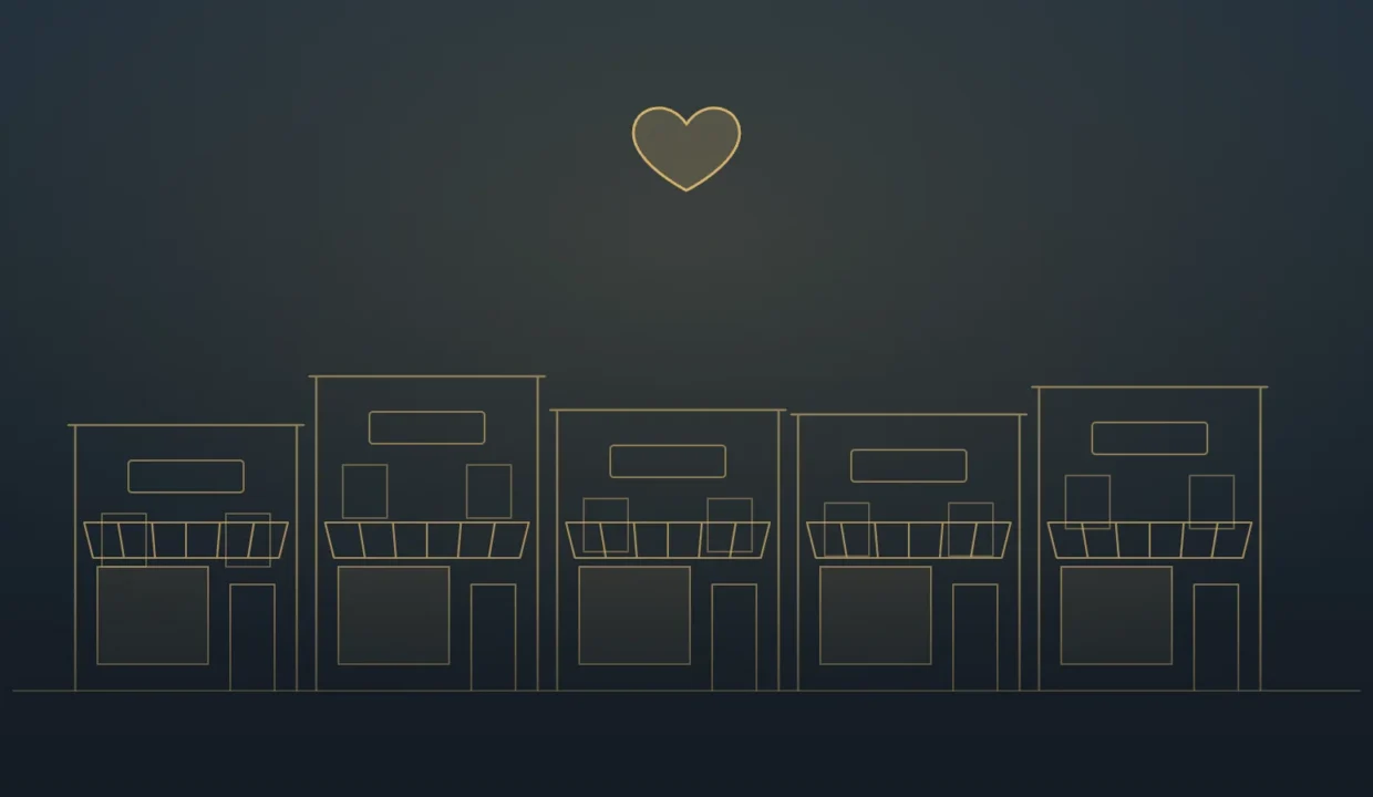 Gold line illustration of a row of neighborhood storefronts with awnings