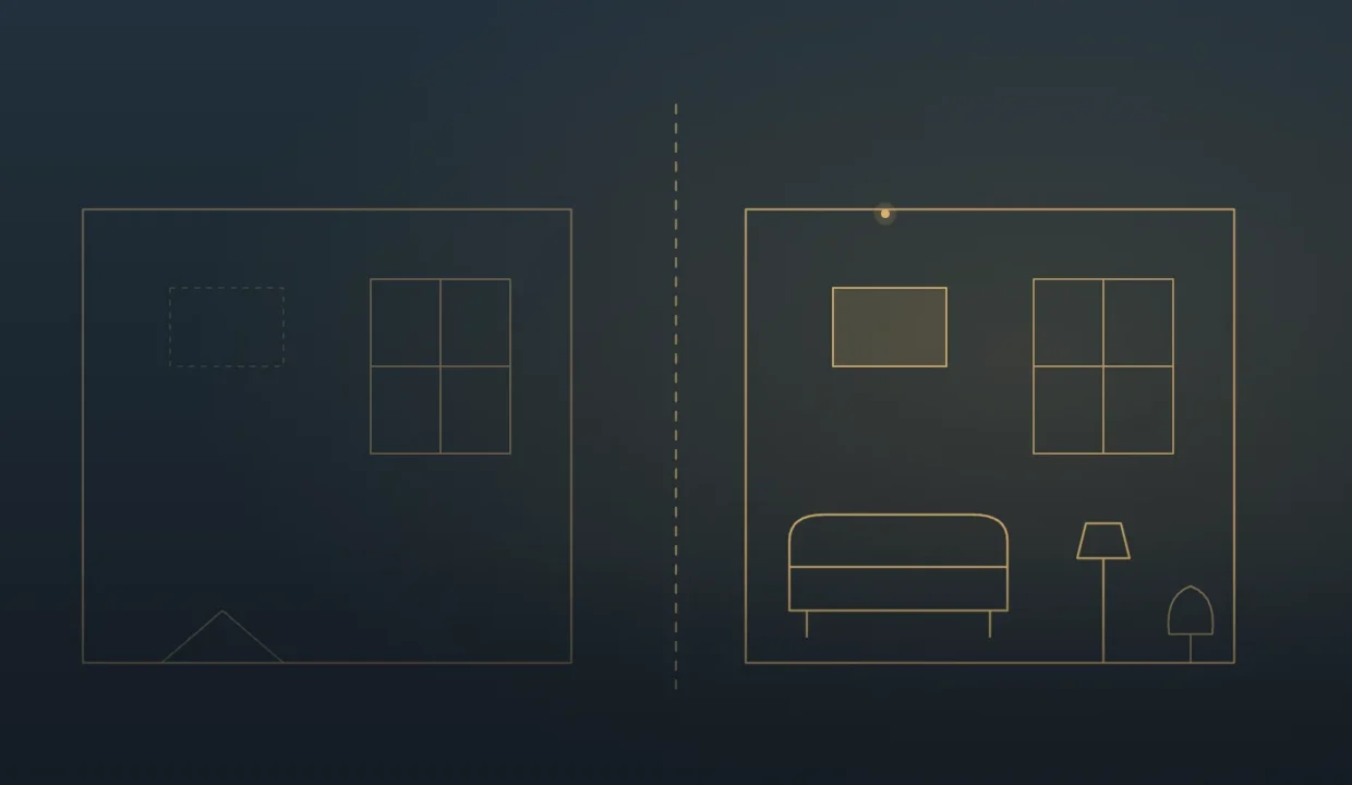 Gold line illustration of a condo room before and after a refresh
