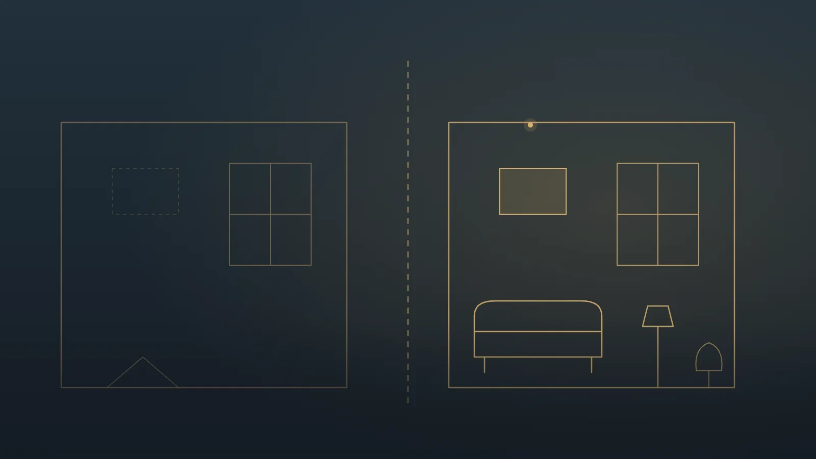 Gold line illustration of a condo room before and after a refresh