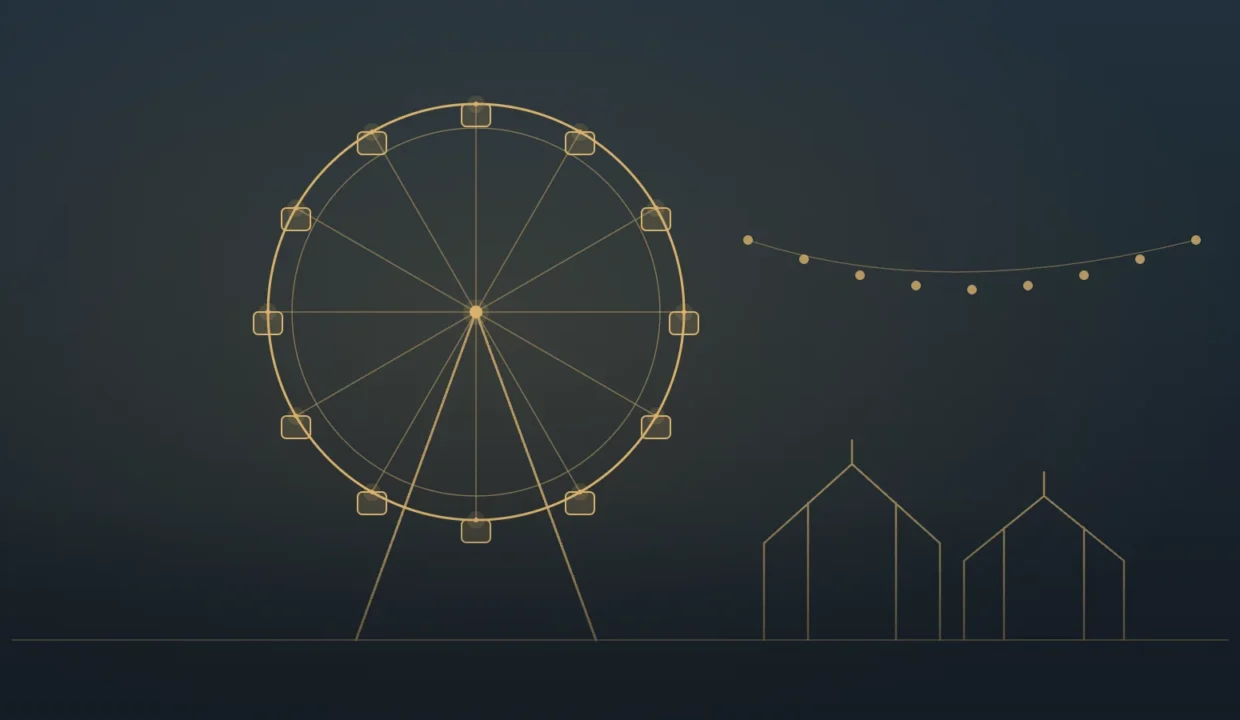 Gold line illustration of a Ferris wheel and fair tents at dusk