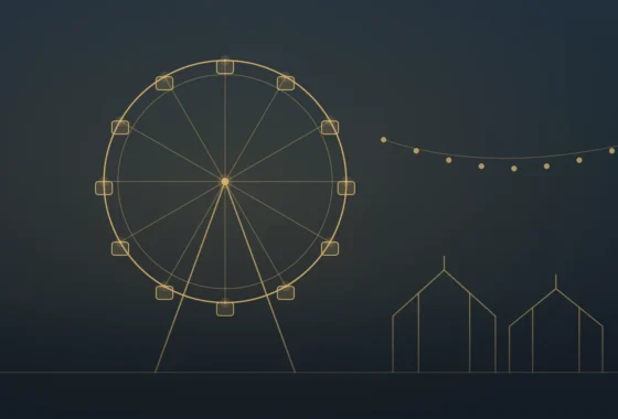 Gold line illustration of a Ferris wheel and fair tents at dusk