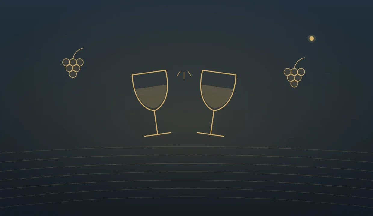 Gold line illustration of two wine glasses toasting over rolling vineyard rows