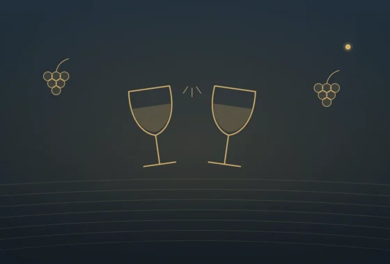Gold line illustration of two wine glasses toasting over rolling vineyard rows