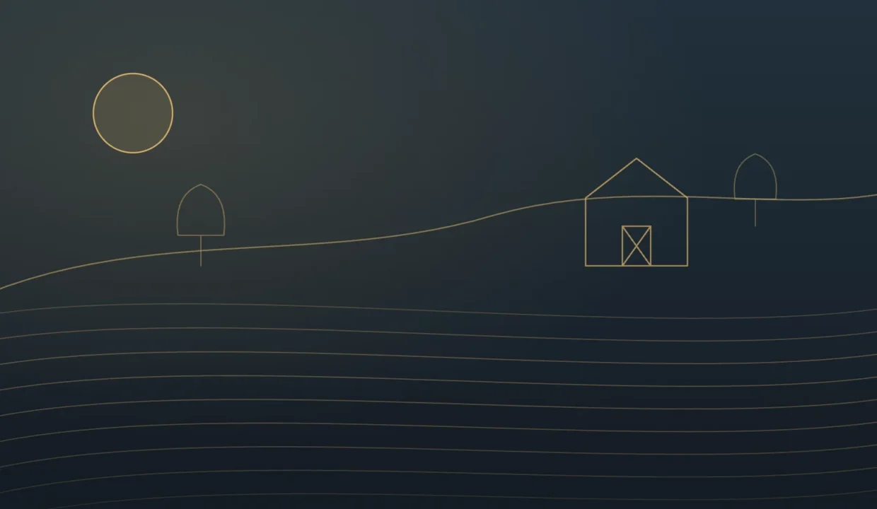 Gold line illustration of vineyard rows on rolling hills with a winery barn
