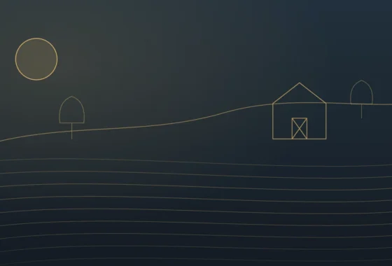 Gold line illustration of vineyard rows on rolling hills with a winery barn