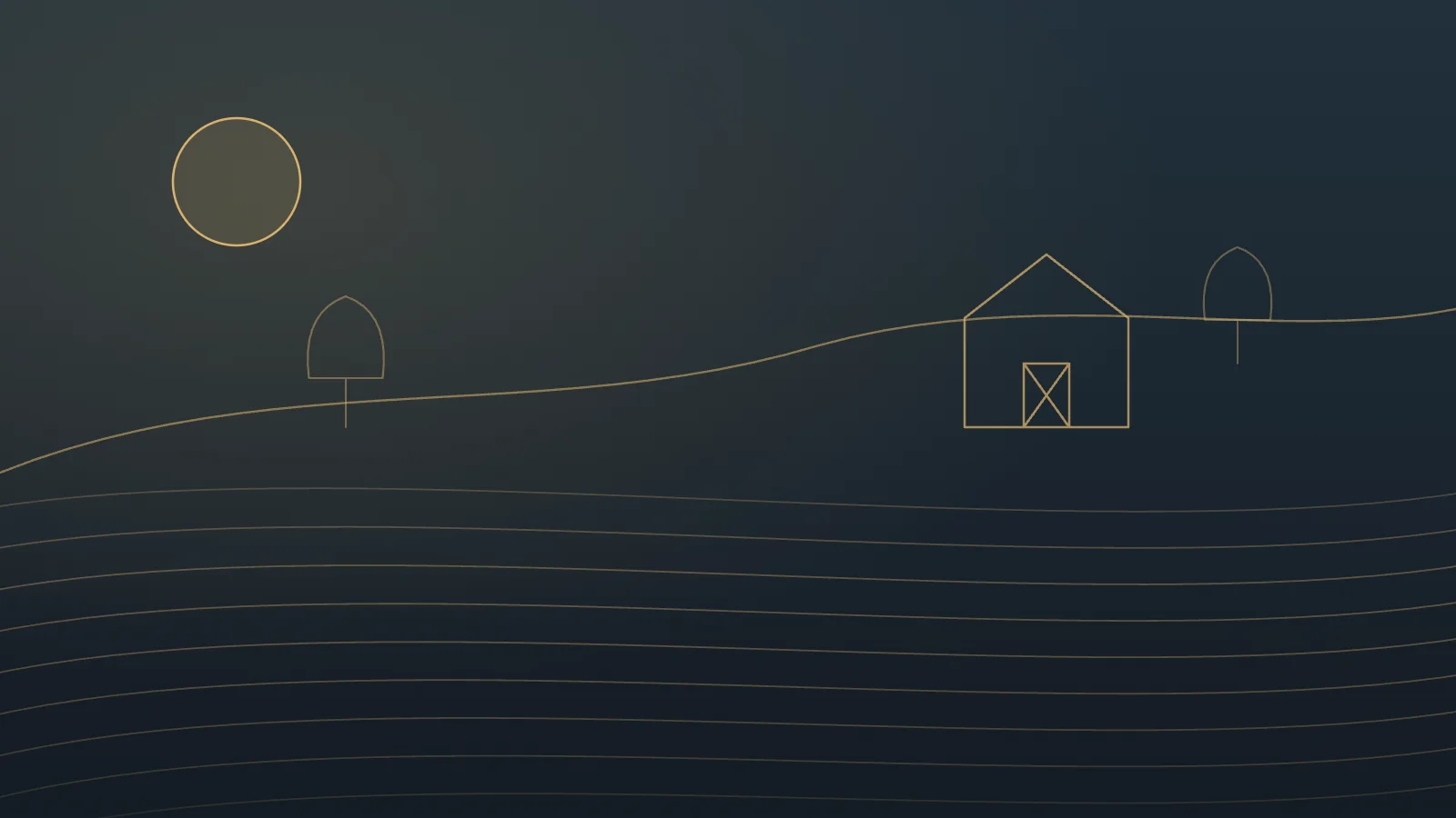 Gold line illustration of vineyard rows on rolling hills with a winery barn