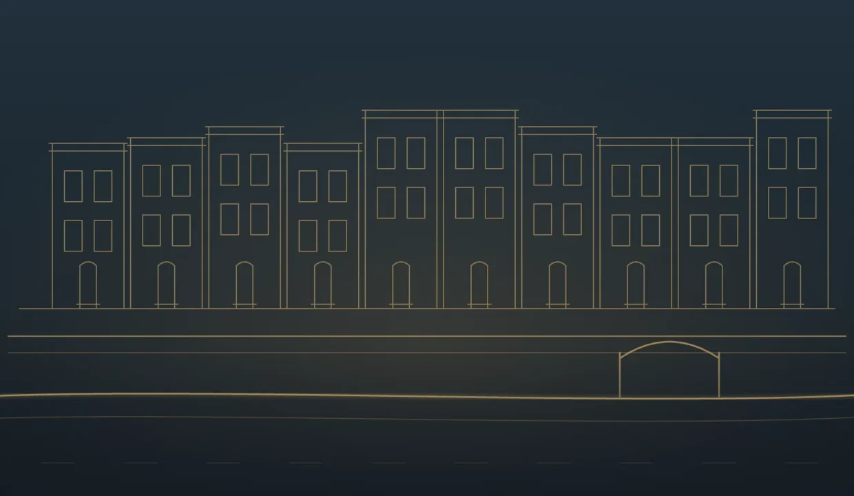 Gold line illustration of Georgetown rowhouses along the C&O Canal towpath