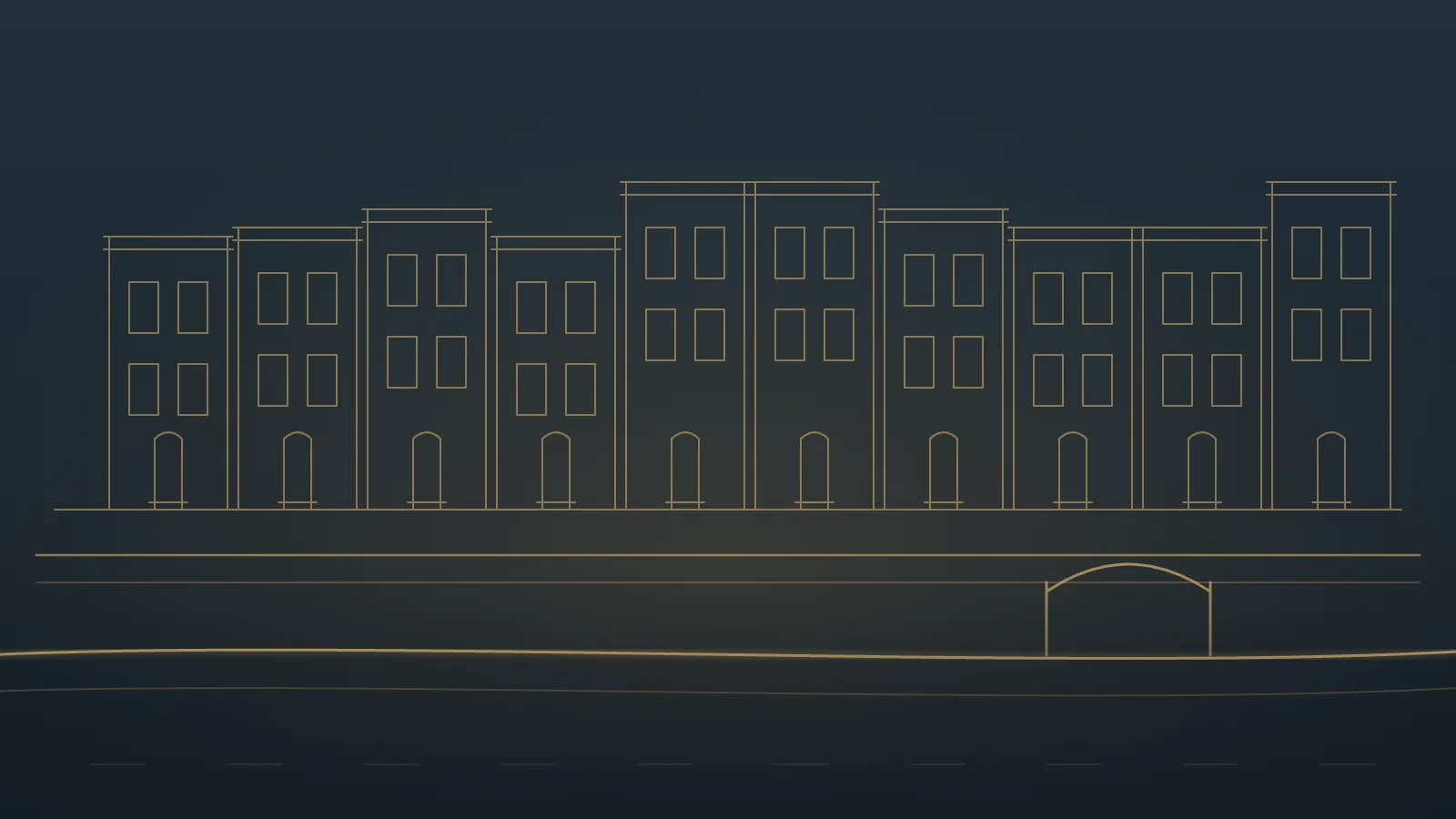 Gold line illustration of Georgetown rowhouses along the C&O Canal towpath