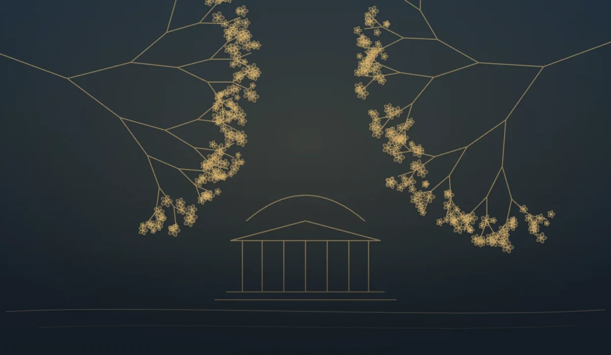 Gold line illustration of cherry blossom branches framing the Tidal Basin