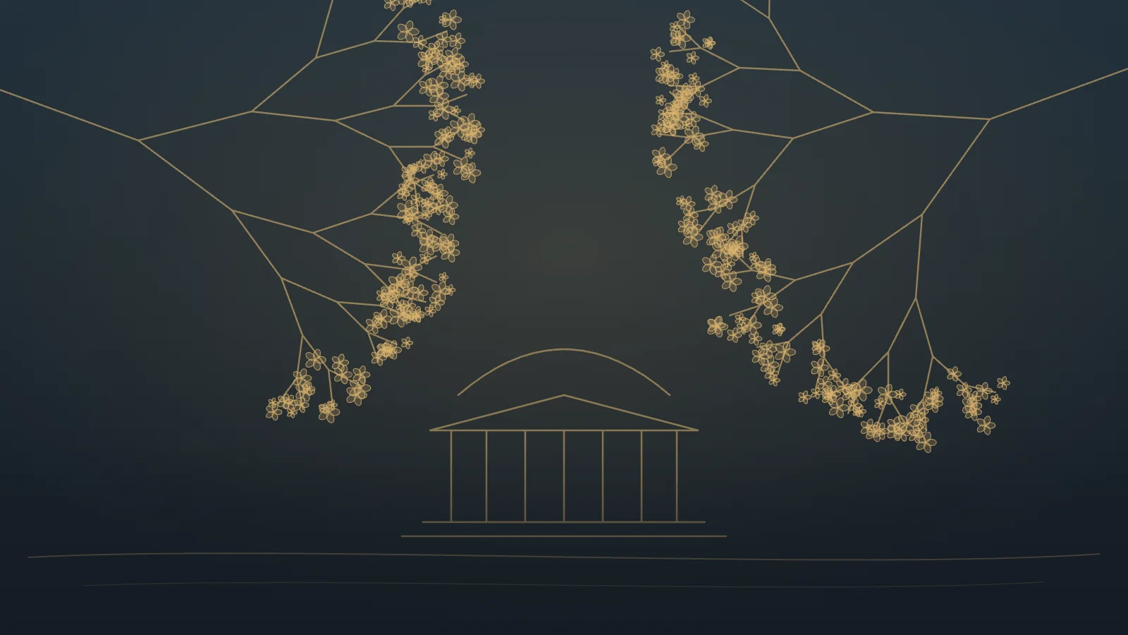 Gold line illustration of cherry blossom branches framing the Tidal Basin