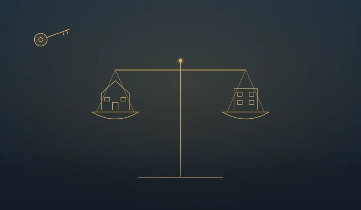 Gold line illustration of a balance scale weighing a house key against an apartment building