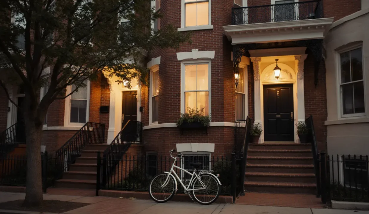 Brick DC rowhouses at dusk with lit windows, an iron fence and a white bicycle parked on the sidewalk.
