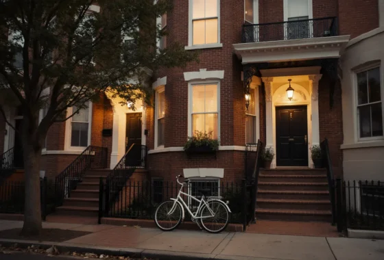 Brick DC rowhouses at dusk with lit windows, an iron fence and a white bicycle parked on the sidewalk.