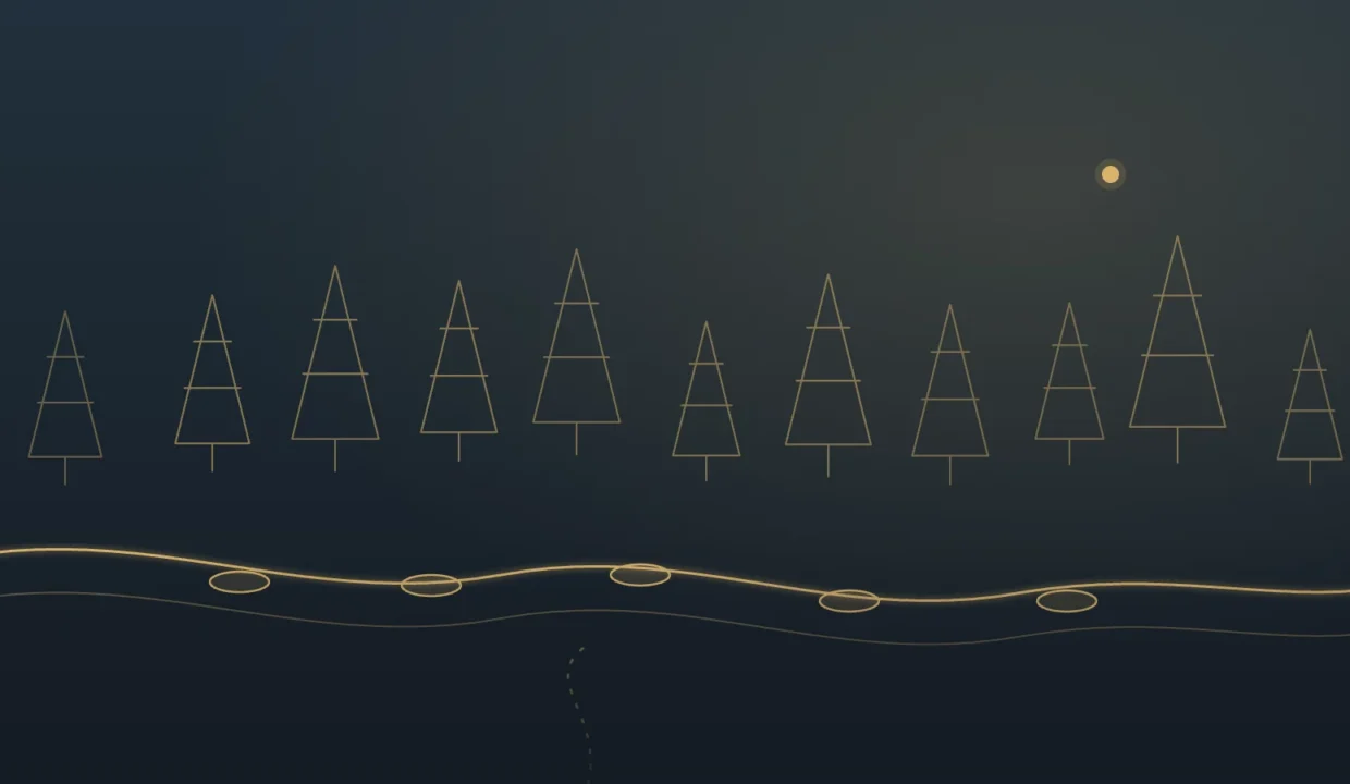 Gold line illustration of a forest trail beside a creek with stepping stones