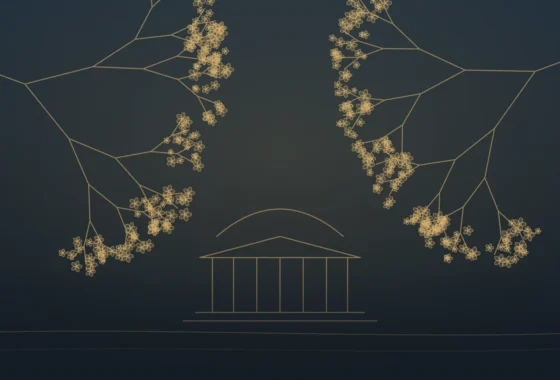 Gold line illustration of cherry blossom branches over the Jefferson Memorial