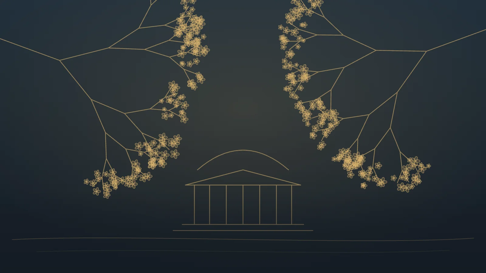 Gold line illustration of cherry blossom branches over the Jefferson Memorial