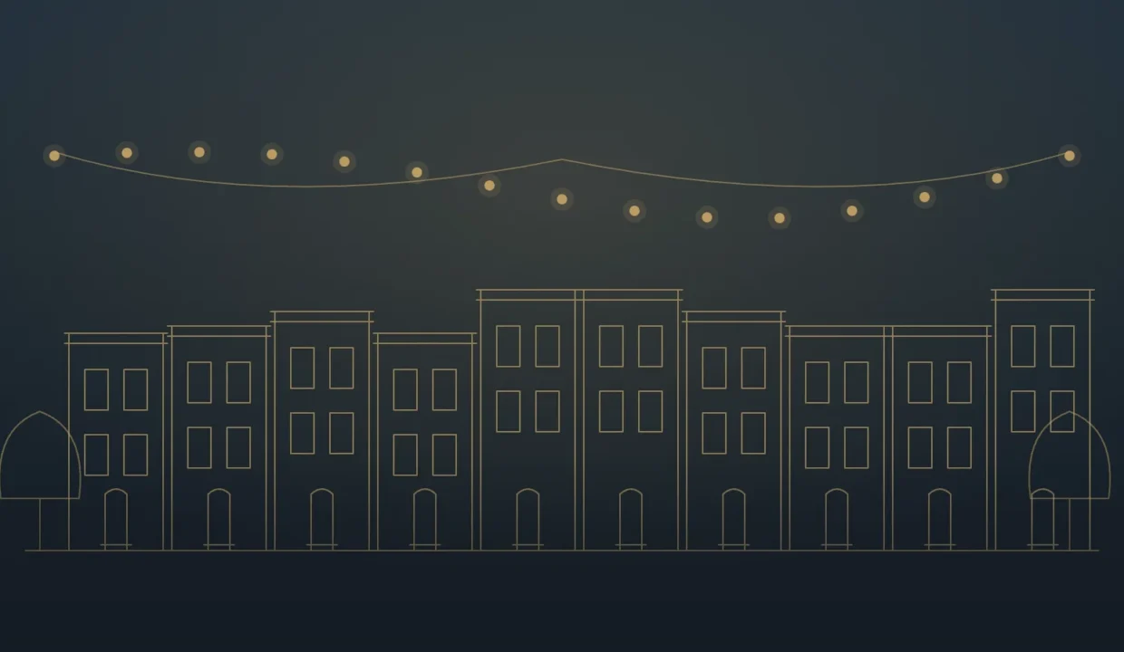 Gold line illustration of DC rowhouses under string lights
