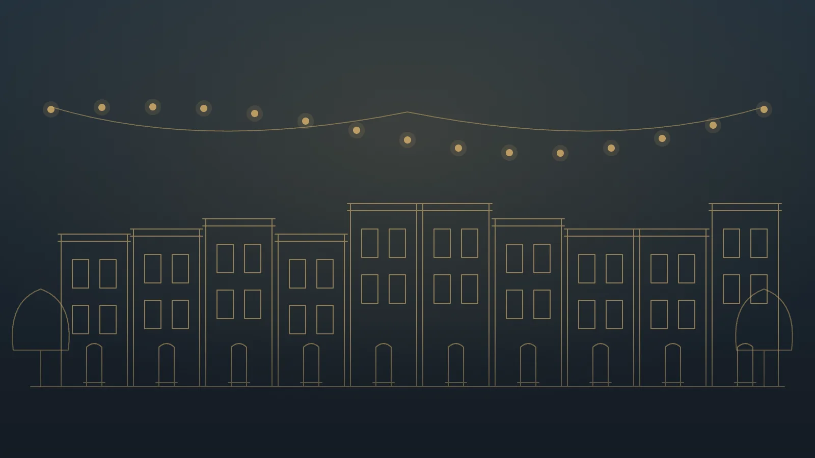 Gold line illustration of DC rowhouses under string lights