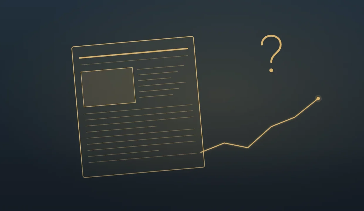 Gold line illustration of a newspaper beside a rising equity line